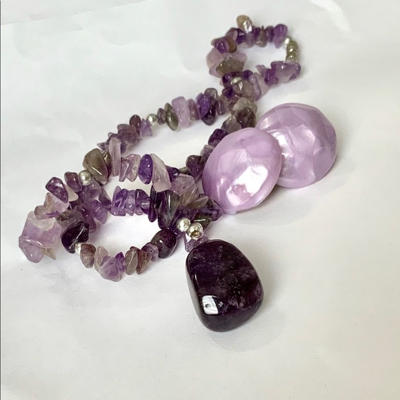 Vintage Amethyst & Citrine Necklace Vintage Clip Back Earrings - Picture 3 of 10